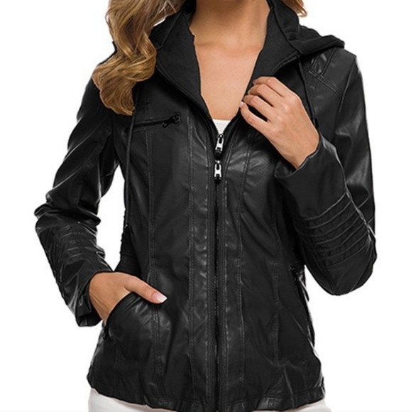 Black Hooded faux Moto Jacket - Picture 1 of 4